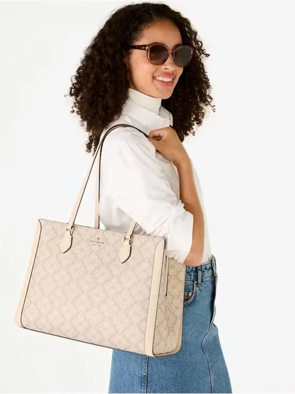 ♠️ Kate Spade Signature Spade Flower East West Large Laptop Tote Bag, Dark Beige